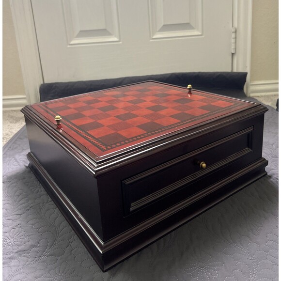 The BOMBAY Company Deluxe Game Checkers Backgammon Chess Wooden Box Set 16x16x7 - Picture 2 of 11